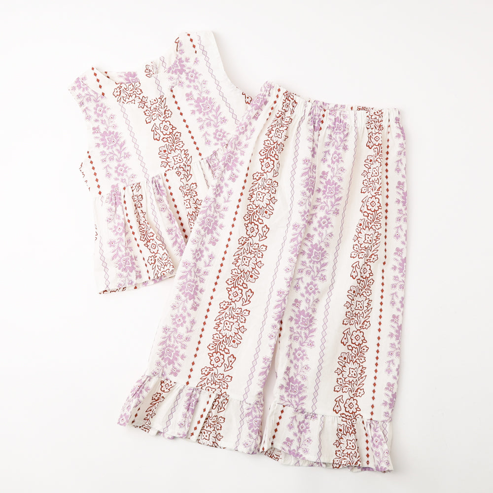 【2点セット】フラワープリントペプラムブラウス＋ストレートフリルパンツ