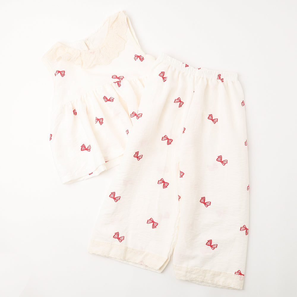 【2点セット】フリルカラーデザインリボンペプラムトップス＋ストレートパンツ