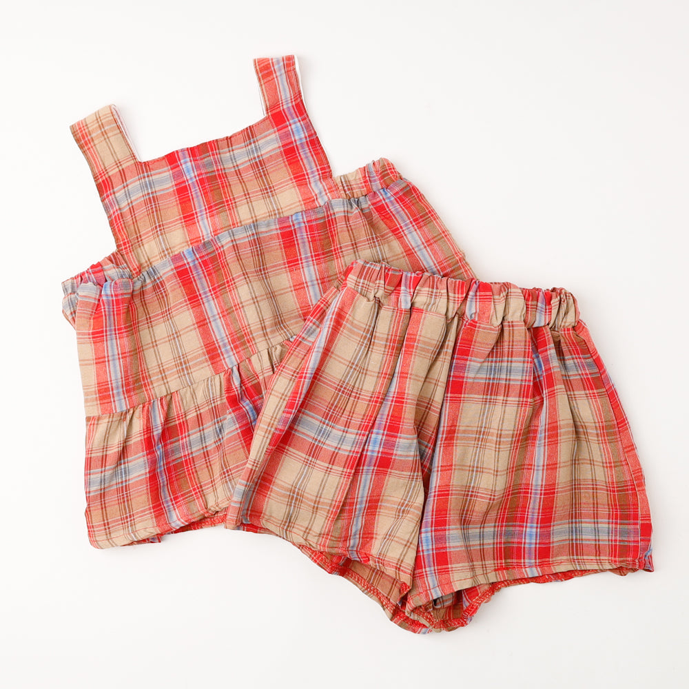 【2点セット】チェックティアードフリルトップス＋ショートパンツ