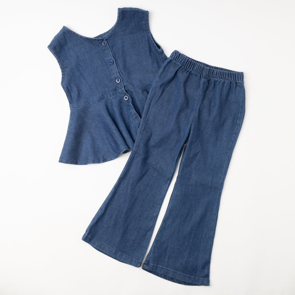 【2点セット】デニムペプラムトップス＋フレアパンツ
