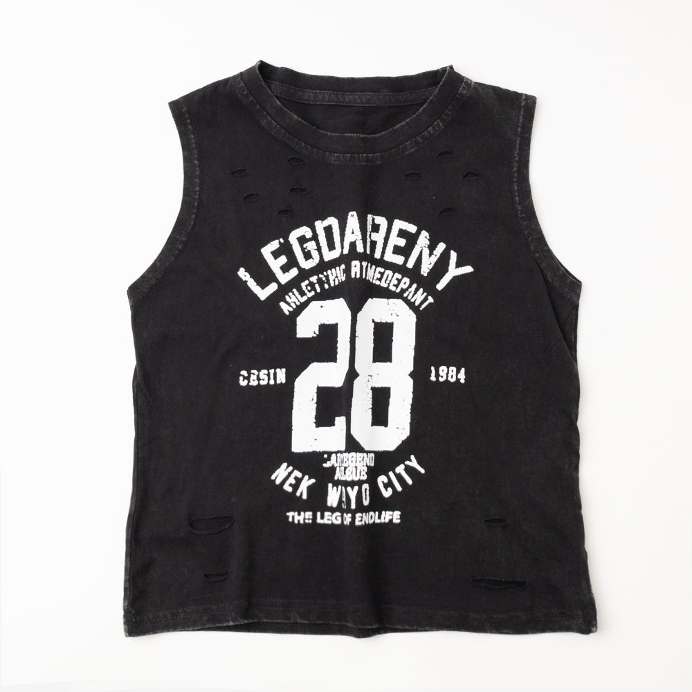 ダメージピグメントノースリーブロゴトップス