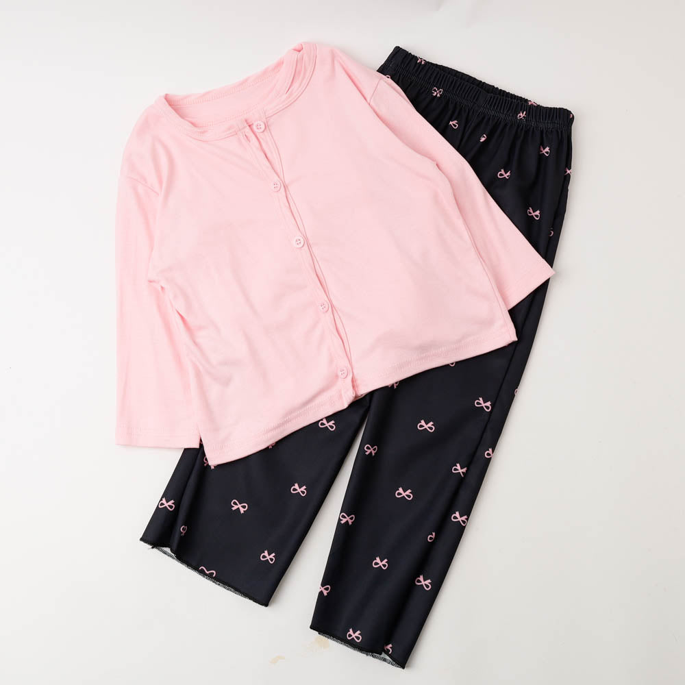 【3点セット】インナー付きカーディガン＋リボンプリントフレアパンツ