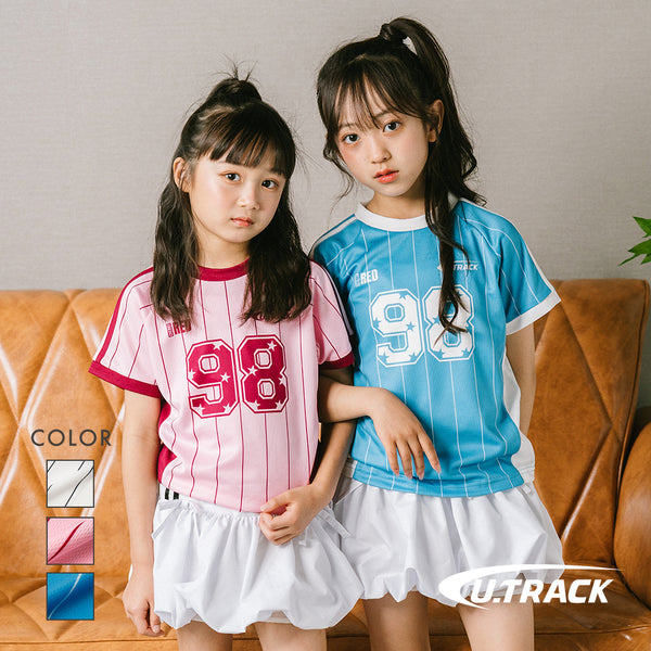 【U.TRACK/ユードットトラック】"感激サラメッシュ"ナンバーロゴストライプTシャツ