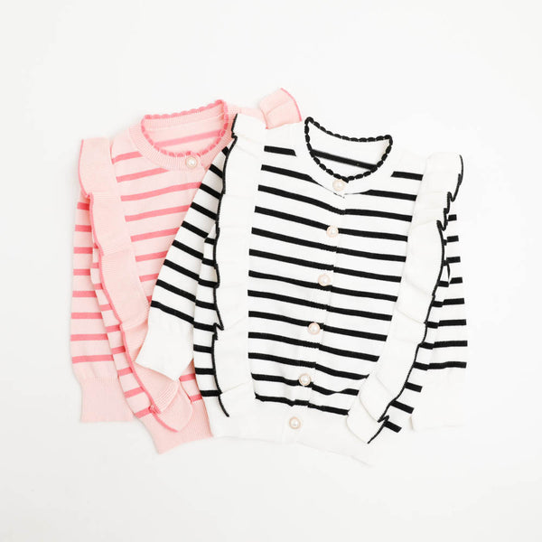 ショルダーフリルボーダーニットカーディガン