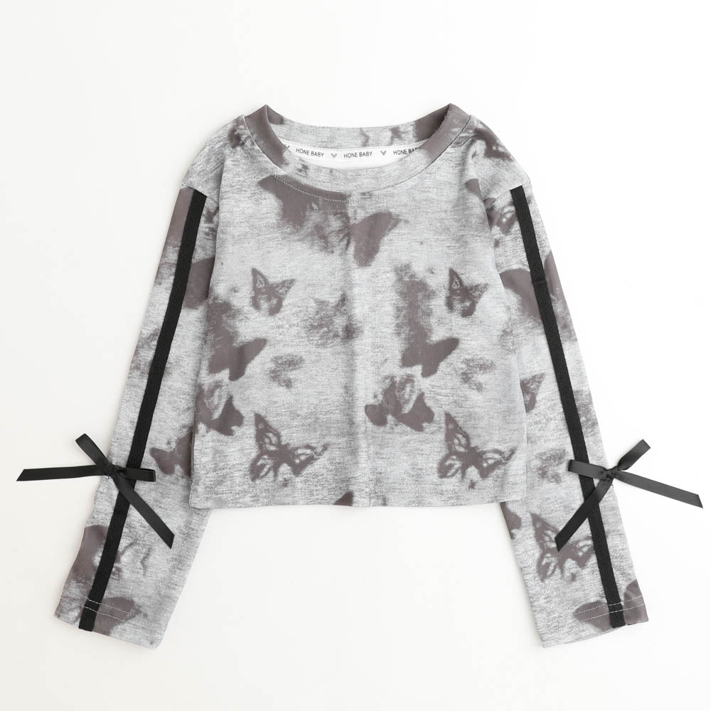 バタフライプリントデザインサイドリボントップス