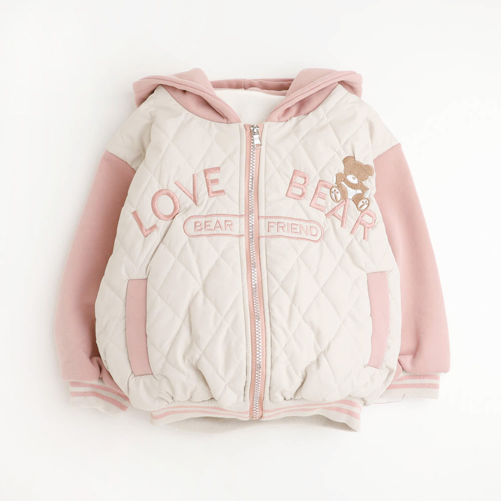 くまさん刺繍デザインキルティングフード付きジャケット