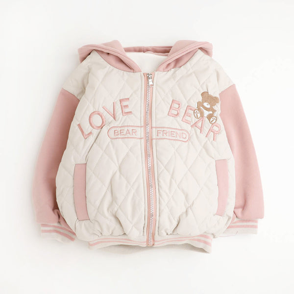 くまさん刺繍デザインキルティングフード付きジャケット