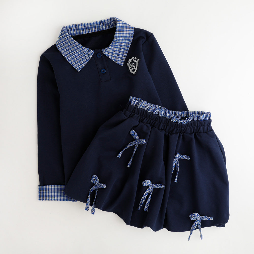 【2点セット】チェックシャツドッキングトレーナー＋リボンデザインスカート