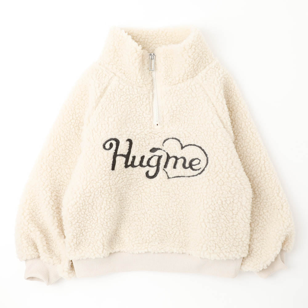 【HUGMEボア】（軽ふわ保温素材）ハートロゴ刺繍スタンドカラーハーフジップトップス