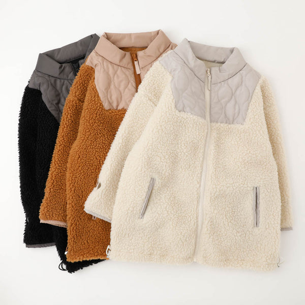 【HUGMEボア】（軽ふわ保温素材）おうちで洗える!ハートロゴ刺繍中綿キルティングMIXボアコート