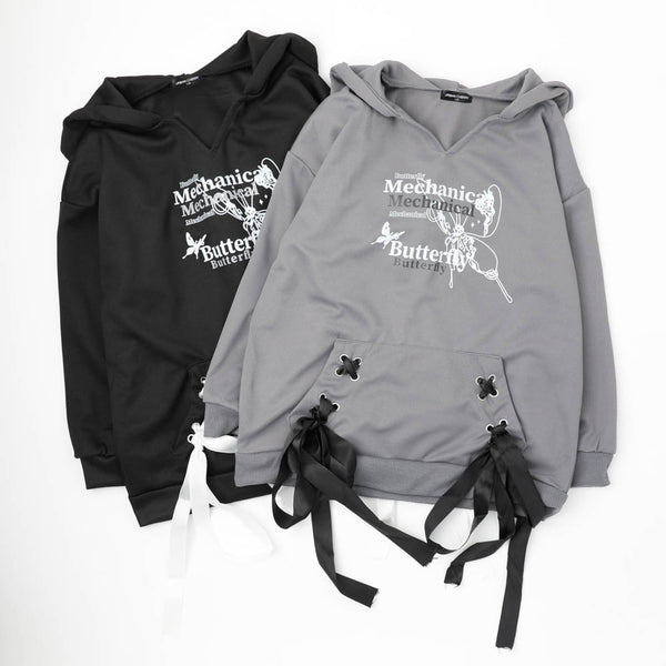 バタフライロゴプリントレースアップフーディ