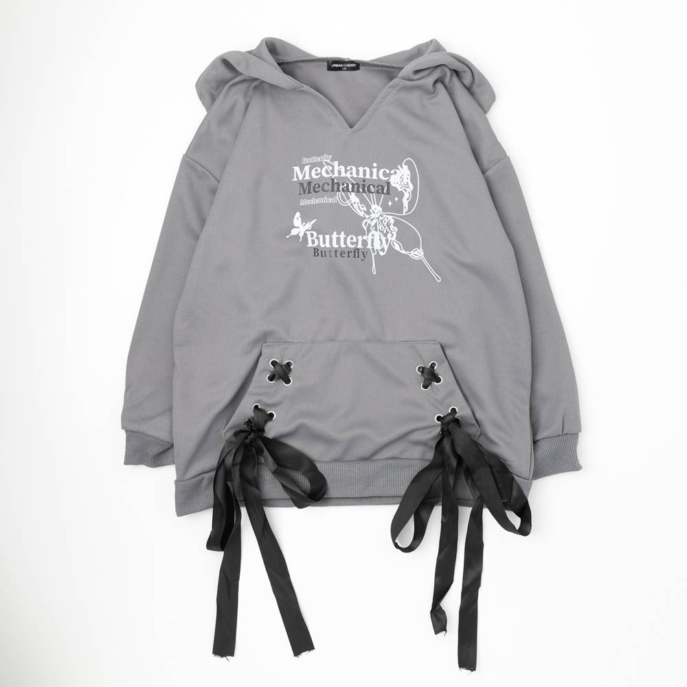 バタフライロゴプリントレースアップフーディ