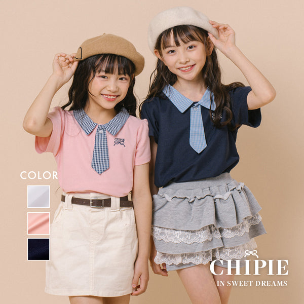 【CHIPIE/シピ】"サラ軽ポロ"チェックネクタイドッキングトップス