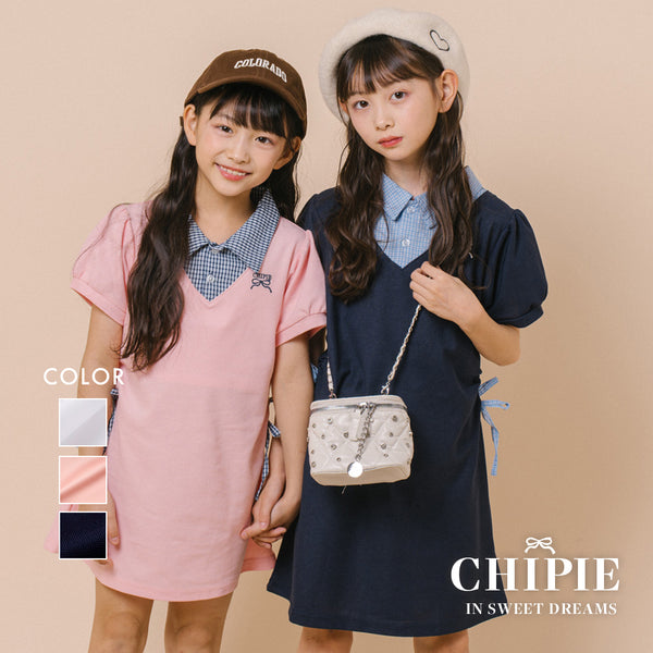 【CHIPIE/シピ】"サラ軽ポロ"チェックシャツドッキングサイドギャザーリボンワンピース