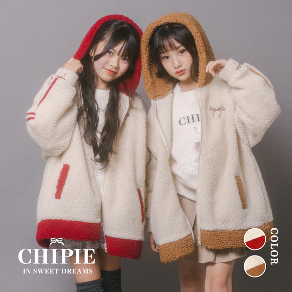 【CHIPIE/シピ】（軽ふわ保温素材）おうちで洗える!オーバーサイズサイドラインバックリボンボアアウター