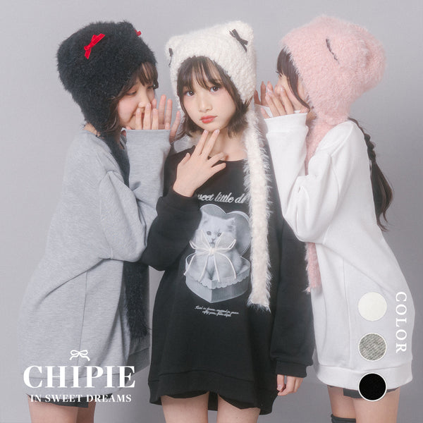 【CHIPIE/シピ】オーバーサイズシアーリボンキャットプリントミニワンピース