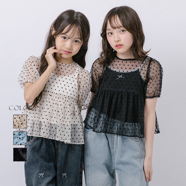 【シュシュ付き】ハートドットシアーパフスリーブペプラムトップス