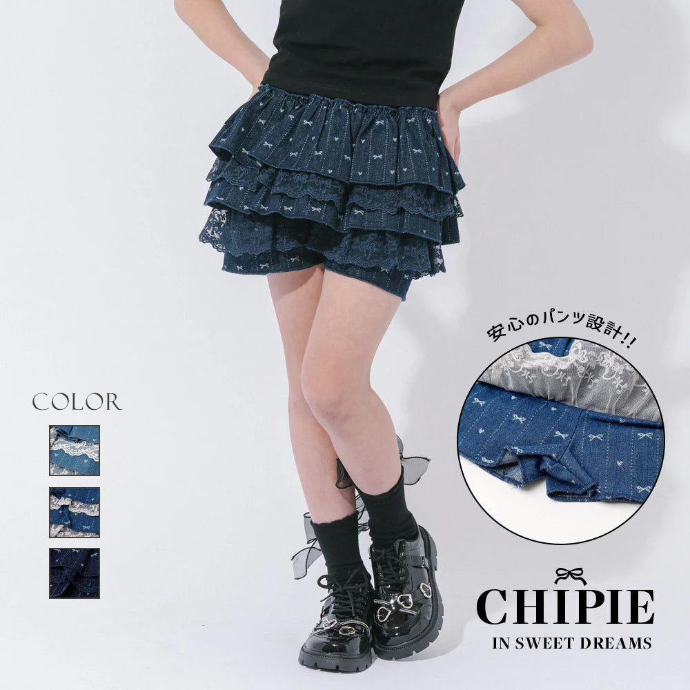 CHIPIE/シピ】レースツーティアリボンデニムフリルショートパンツ