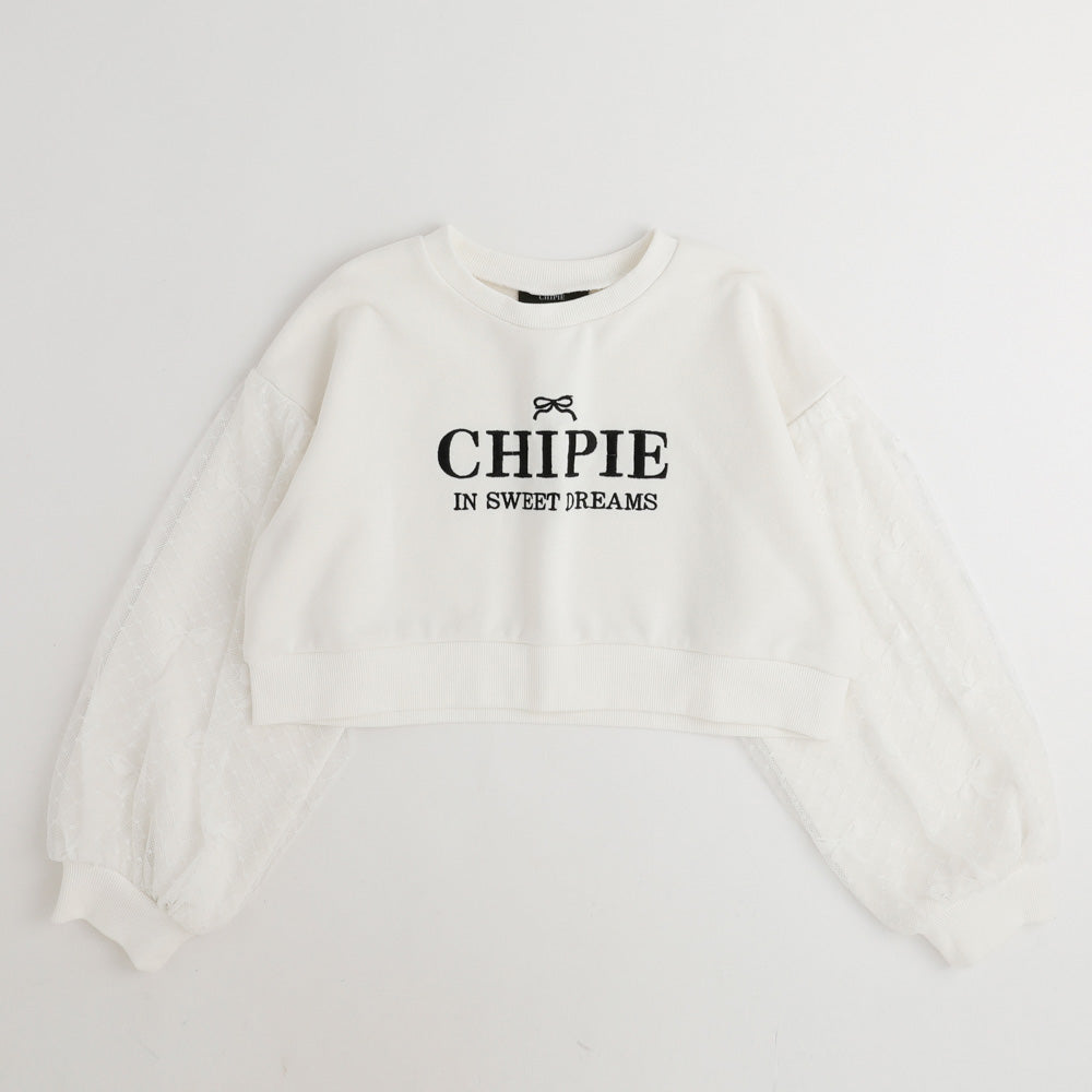 【CHIPIE/シピ】リボンレーススリーブロゴ刺繍クロップドトレーナー