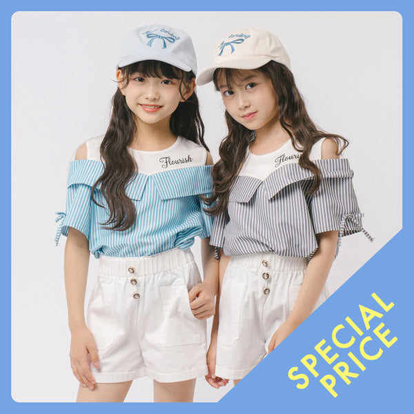 【2点セット】オープンショルダードッキングストライプブラウス＋フロントボタンショートパンツ