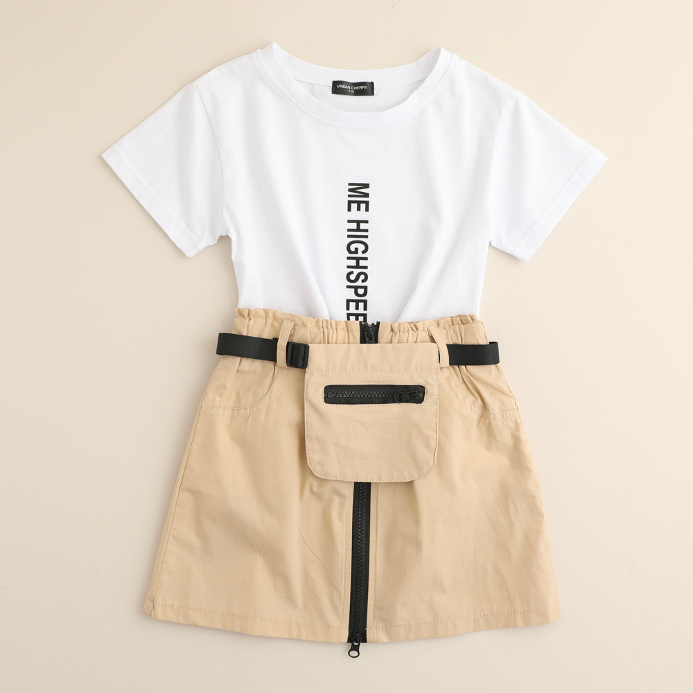 ロゴTシャツ+ジップアップスカート+ウエストバッグ3点セット